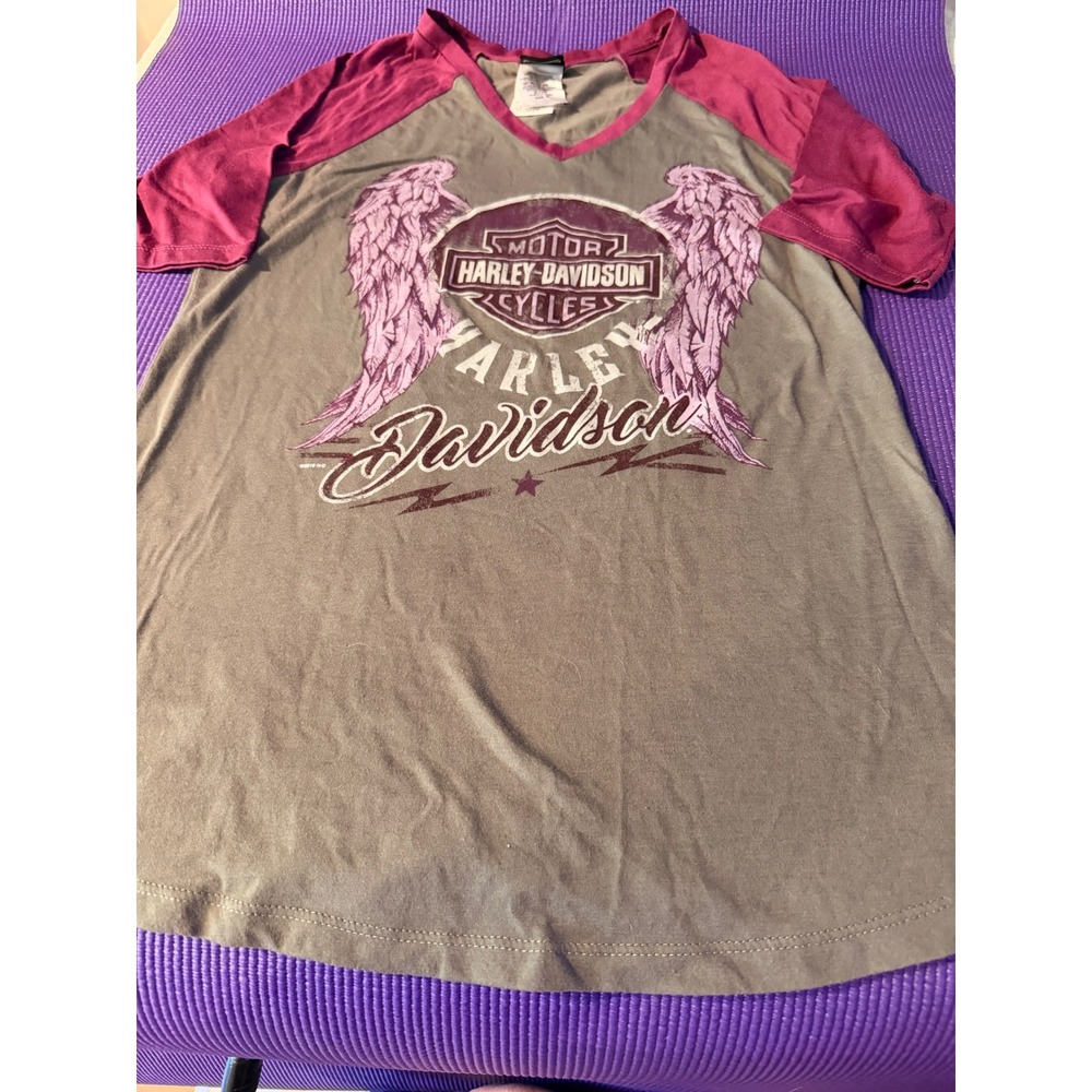 Harley Davidson Raglan V-Neck Graphic Tee Grey Burgundy Winged Logo Guatemala M